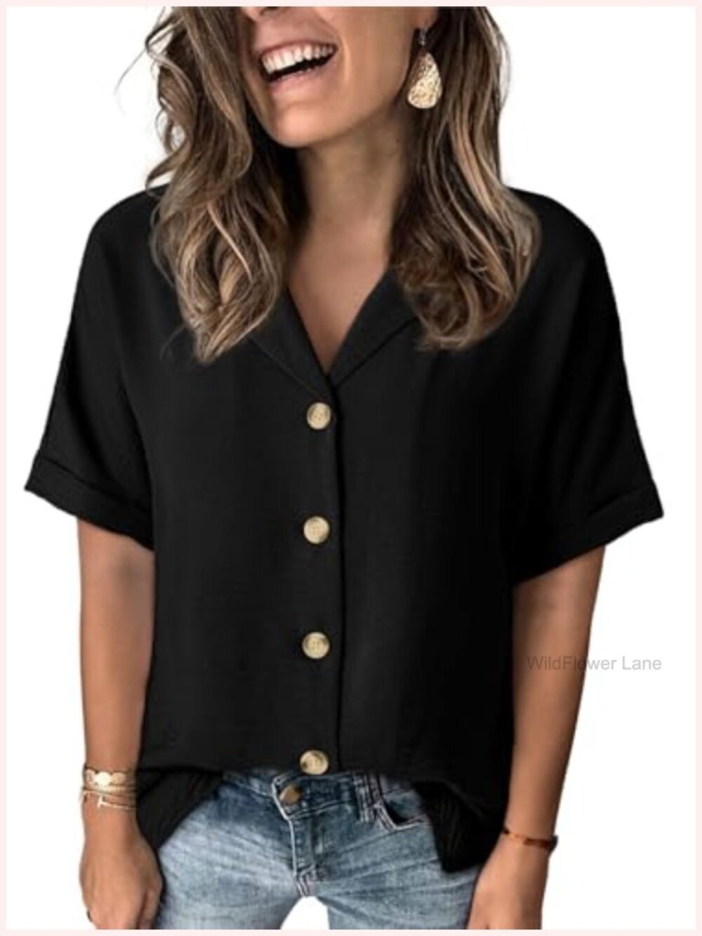 Dressy Casual V Neck Button Down Blouse Short Sleeve Work Top Lightweight